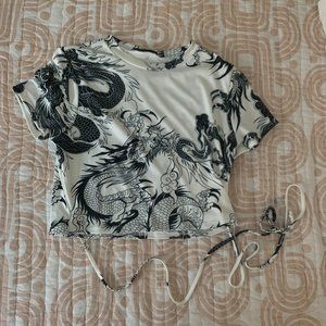 Black & White Crop Dragon Top w/ Tie
